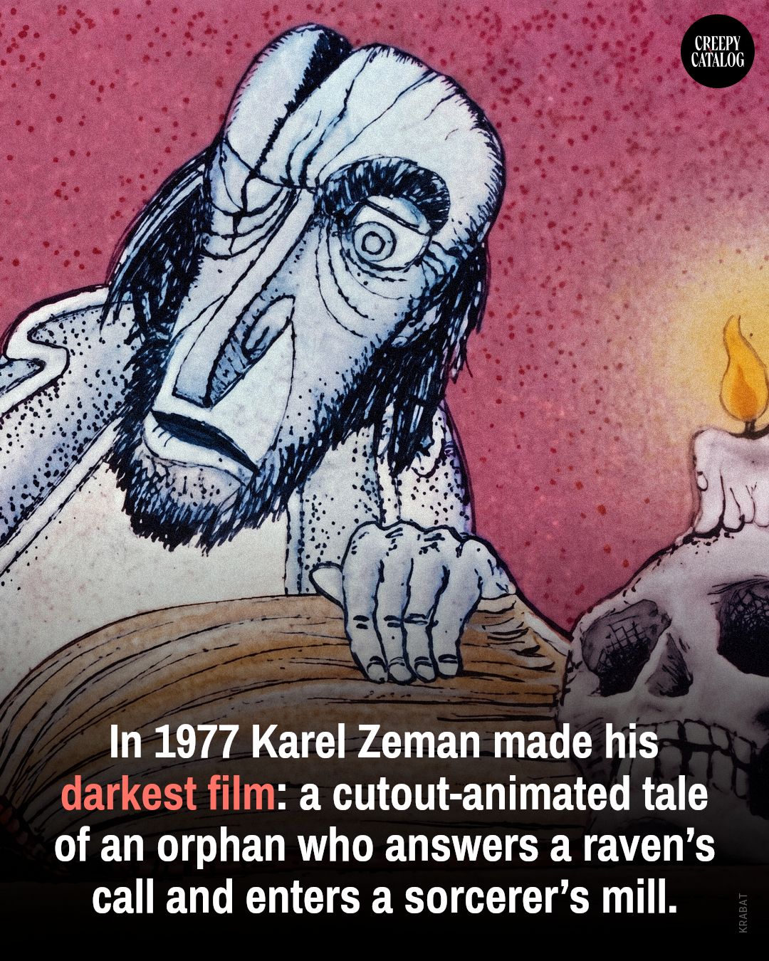 Cutout animation still from Karel Zeman's 1977 film Krabat, featuring flat paper figures against a detailed mill setting