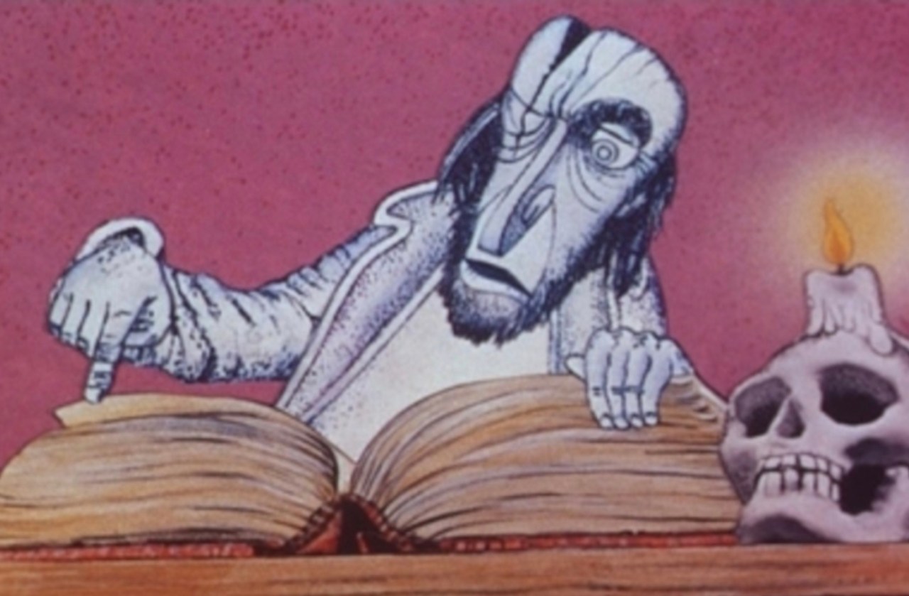 Cutout animation still from Karel Zeman's 1977 film Krabat, featuring flat paper figures against a textured background
