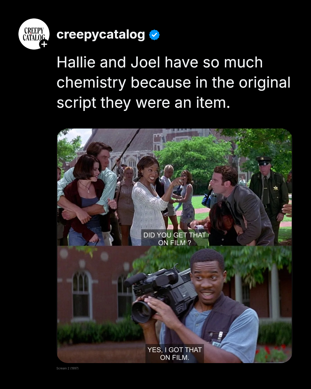 Duane Martin as Joel and Elise Neal as Hallie in a scene from Scream 2 (1997)