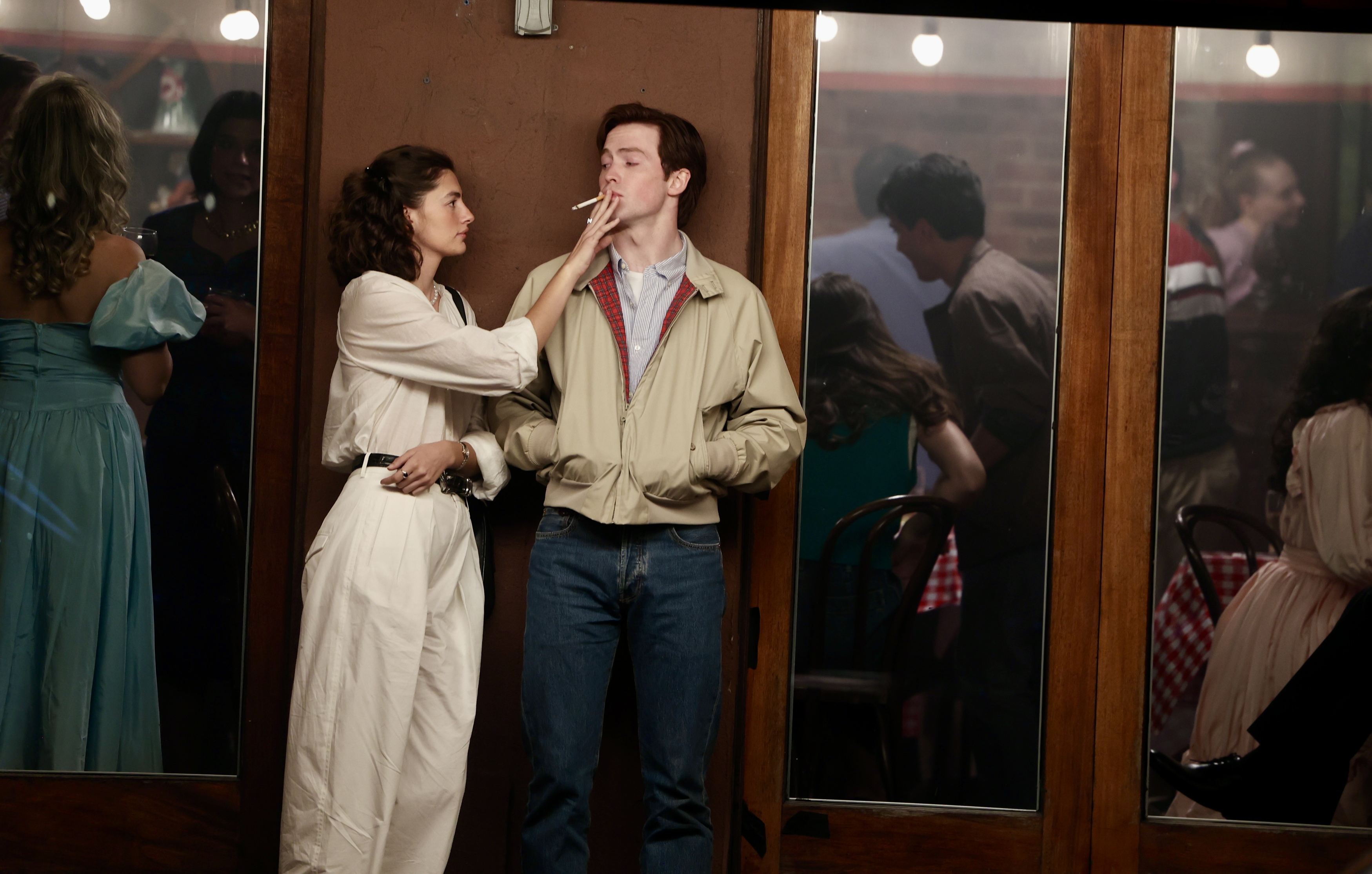 Kit Connor and Diana Silvers share a cigarette as they film true-crime drama PREPPY in NYC