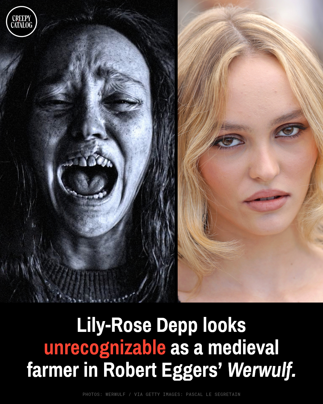 Lily-Rose Depp in heavy medieval costume with a prosthetic cleft lip, facial scars, and a burgundy head wrap on the set of Werwulf