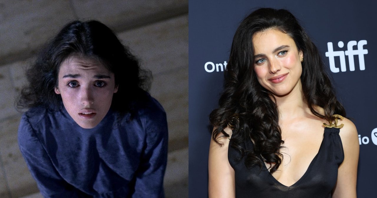 Dark-haired woman in a blue top crouching on a stone floor, looking up with a fearful expression, from the 1981 horror film Possession.