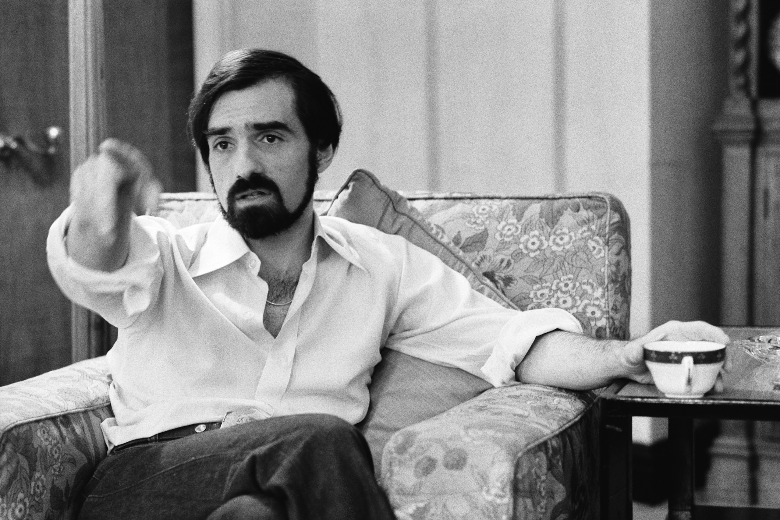 Martin Scorsese wearing a shirt with rolled-up sleeves in London, November 1977