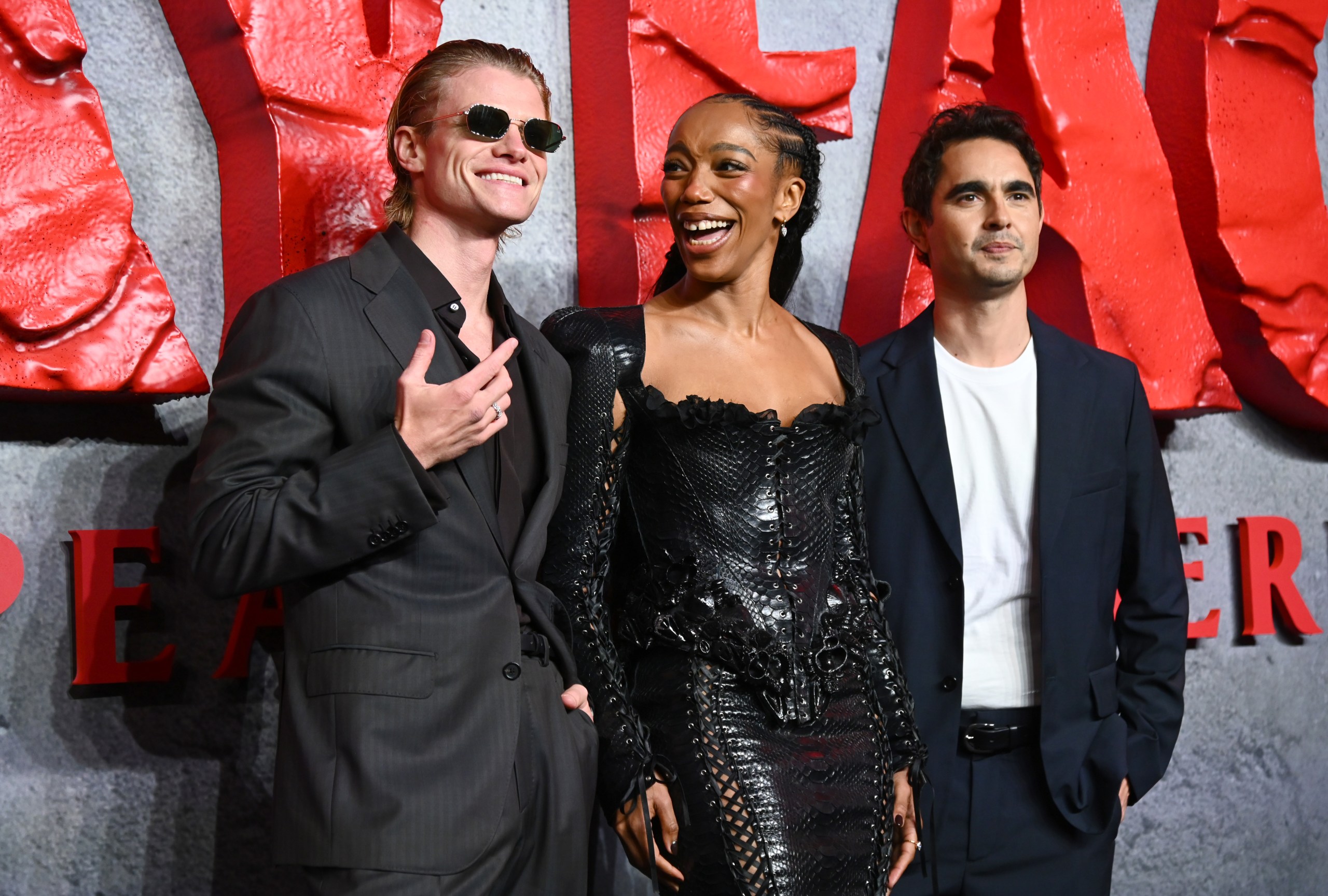 Tom Rhys Harries, Naomi Ackie, and Max Minghella at the Clayface European Premiere at Curzon Mayfair in London