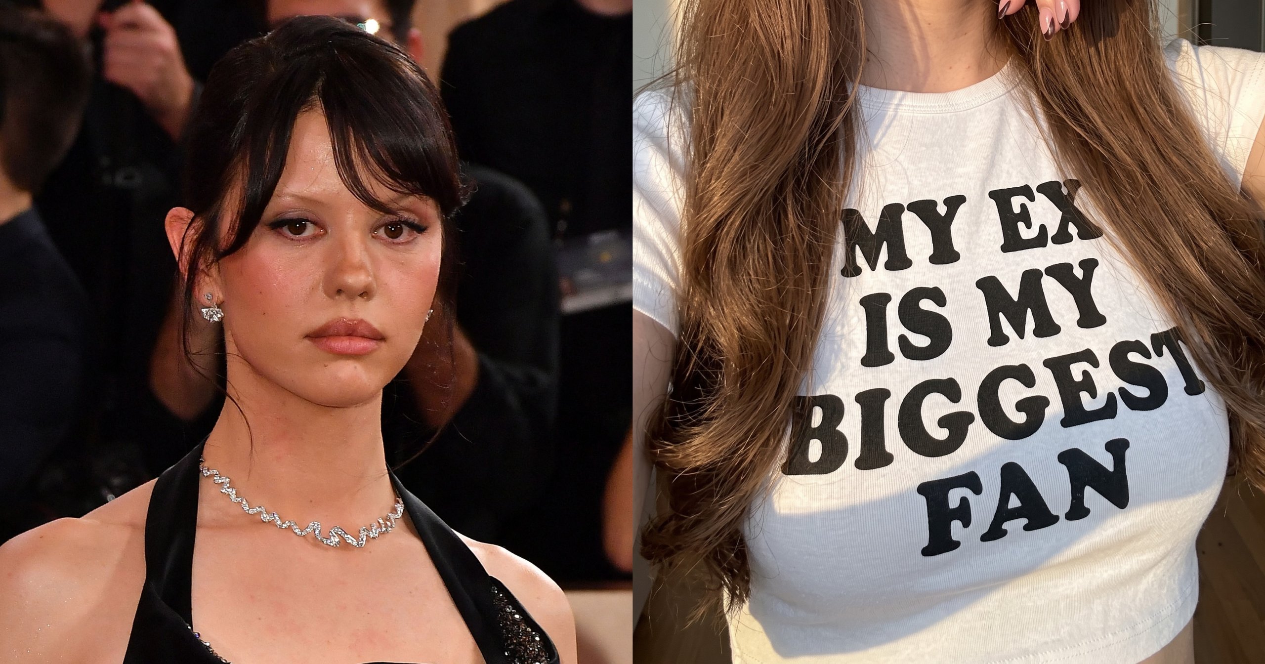 Mia Goth wearing a black halter dress with a diamond wave necklace and matching earrings, dark hair in an updo with bangs, at a red carpet event.