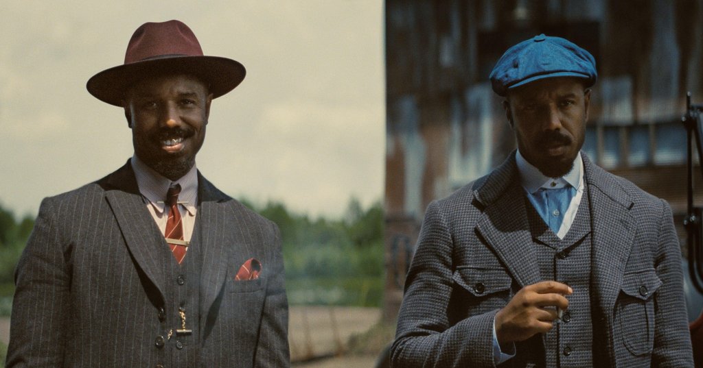 Side-by-side composite of a man in a pinstripe suit and burgundy fedora on the left, and the same man in a houndstooth coat and blue flat cap on the right.