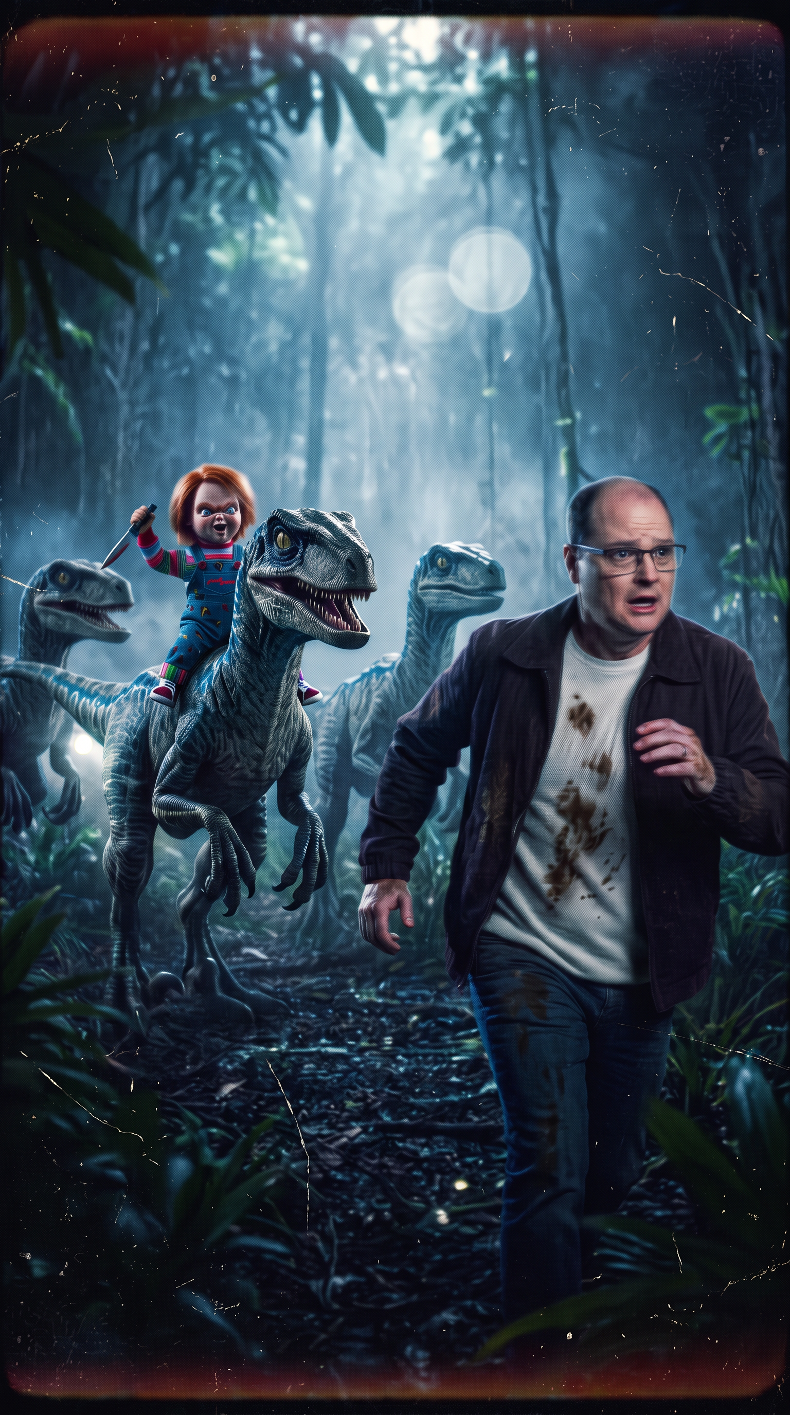 A scared bald man in glasses runs through a jungle as Chucky the horror doll rides a velociraptor chasing him, with more raptors on either side.