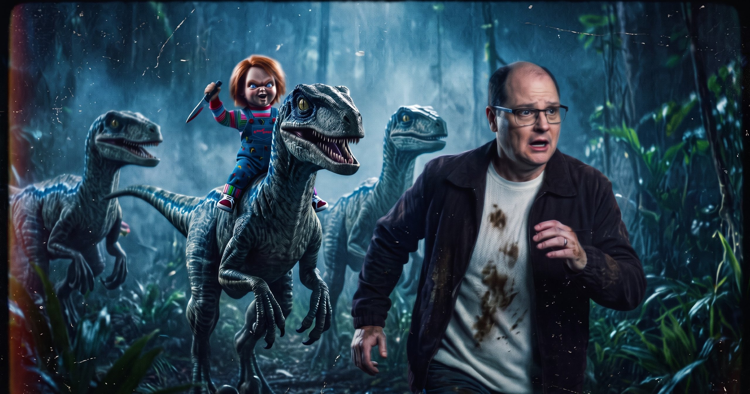 Digital art of Chucky doll riding a velociraptor chasing a frightened bald man through a dark jungle, with more raptors in the background.