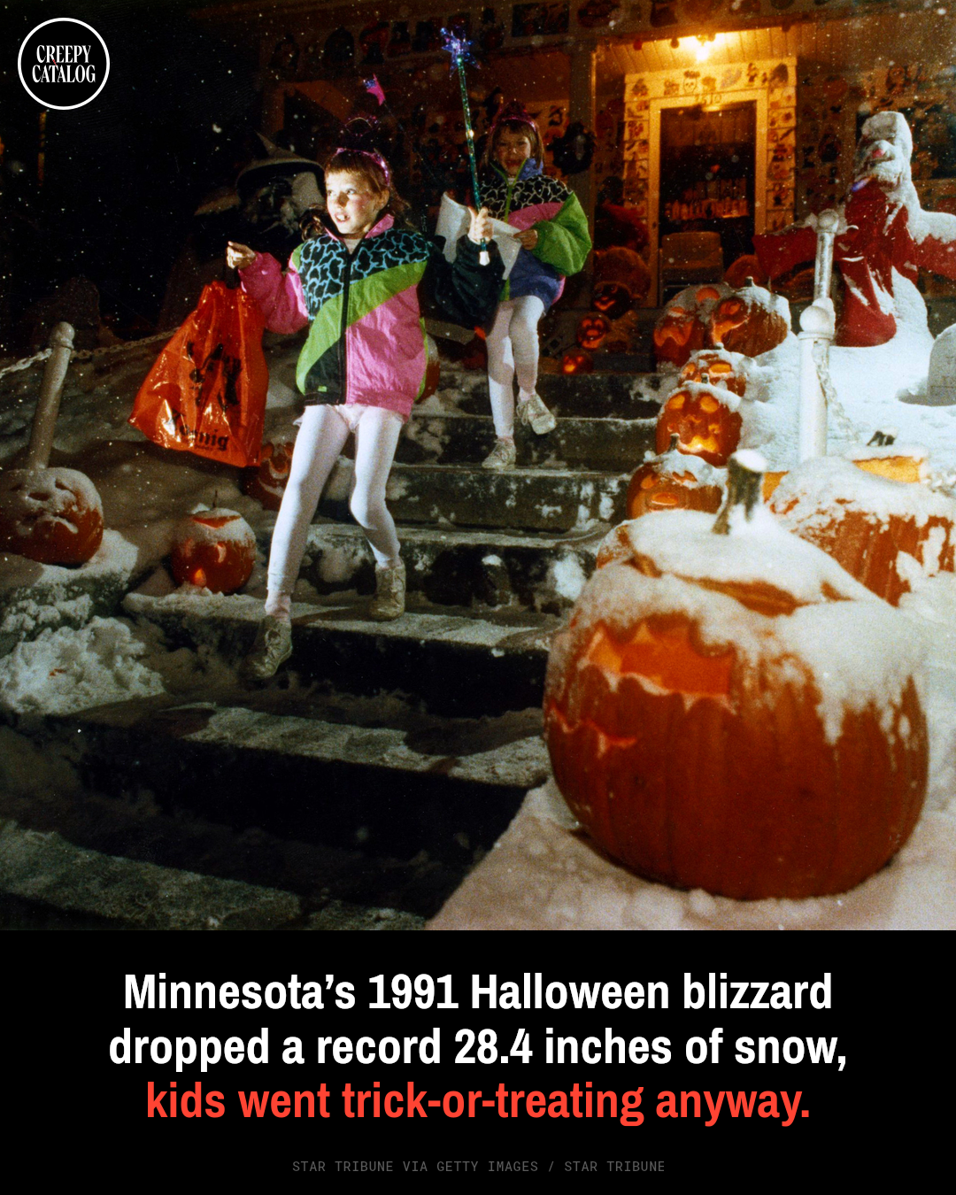 Children trick-or-treating in heavy snow during the 1991 Halloween blizzard in Minnesota
