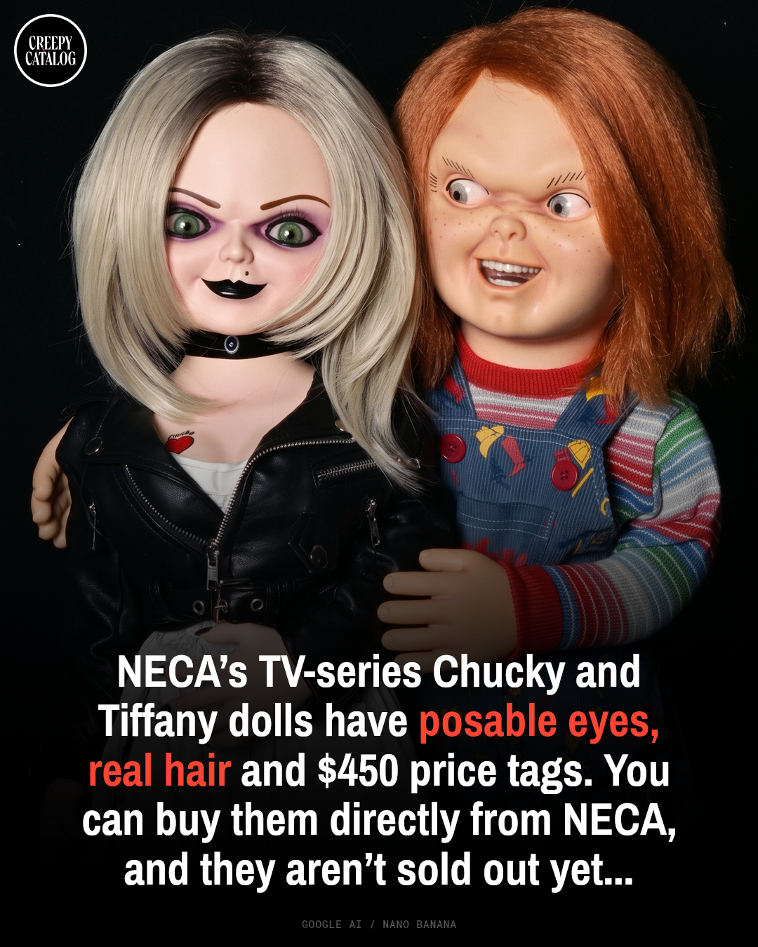 Life-size NECA Chucky doll replica from the Chucky TV series, over 2 feet tall with real hair and posable eyes.