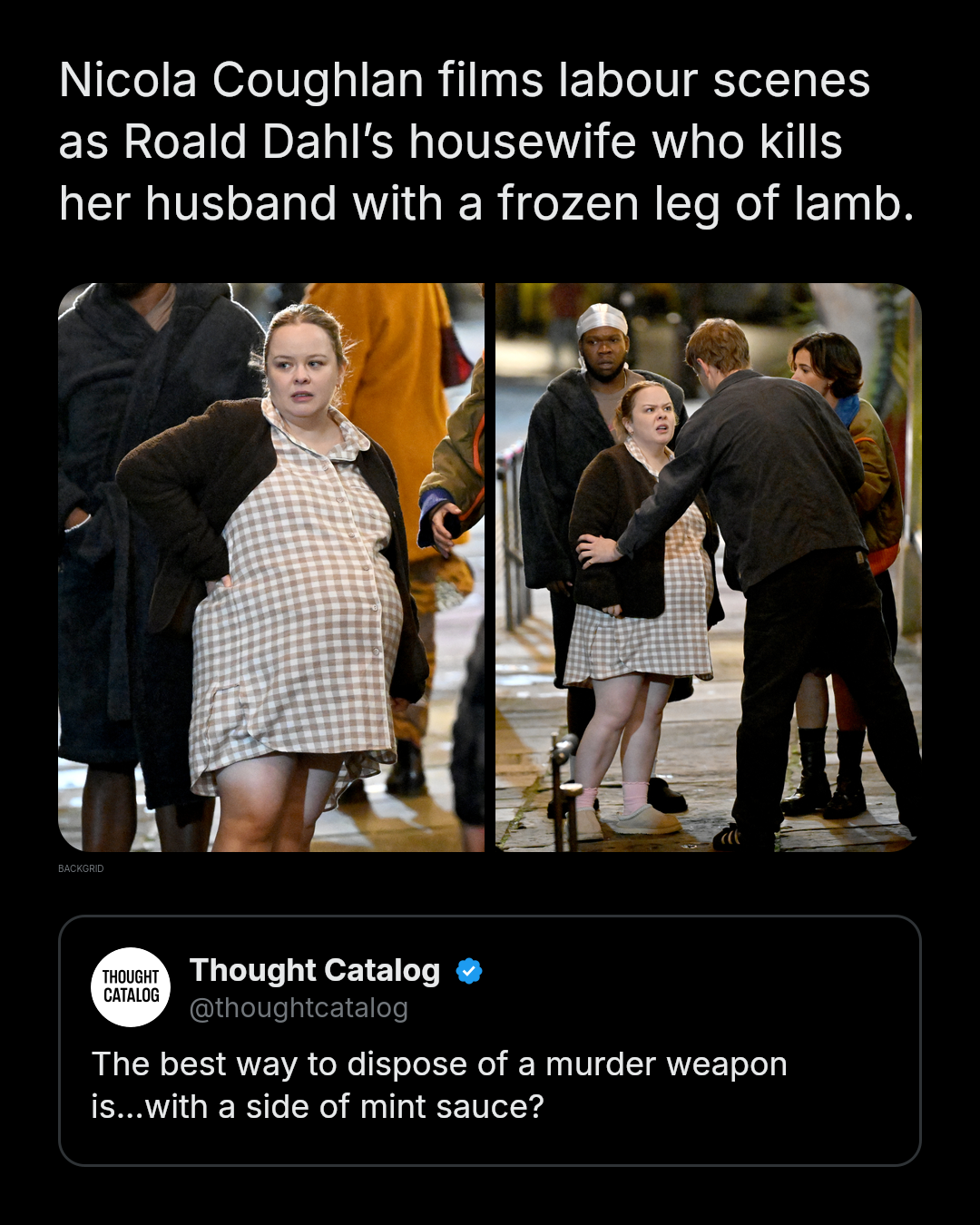 Nicola Coughlan wearing a prosthetic baby bump on set filming a Netflix series based on Roald Dahl's Lamb to the Slaughter