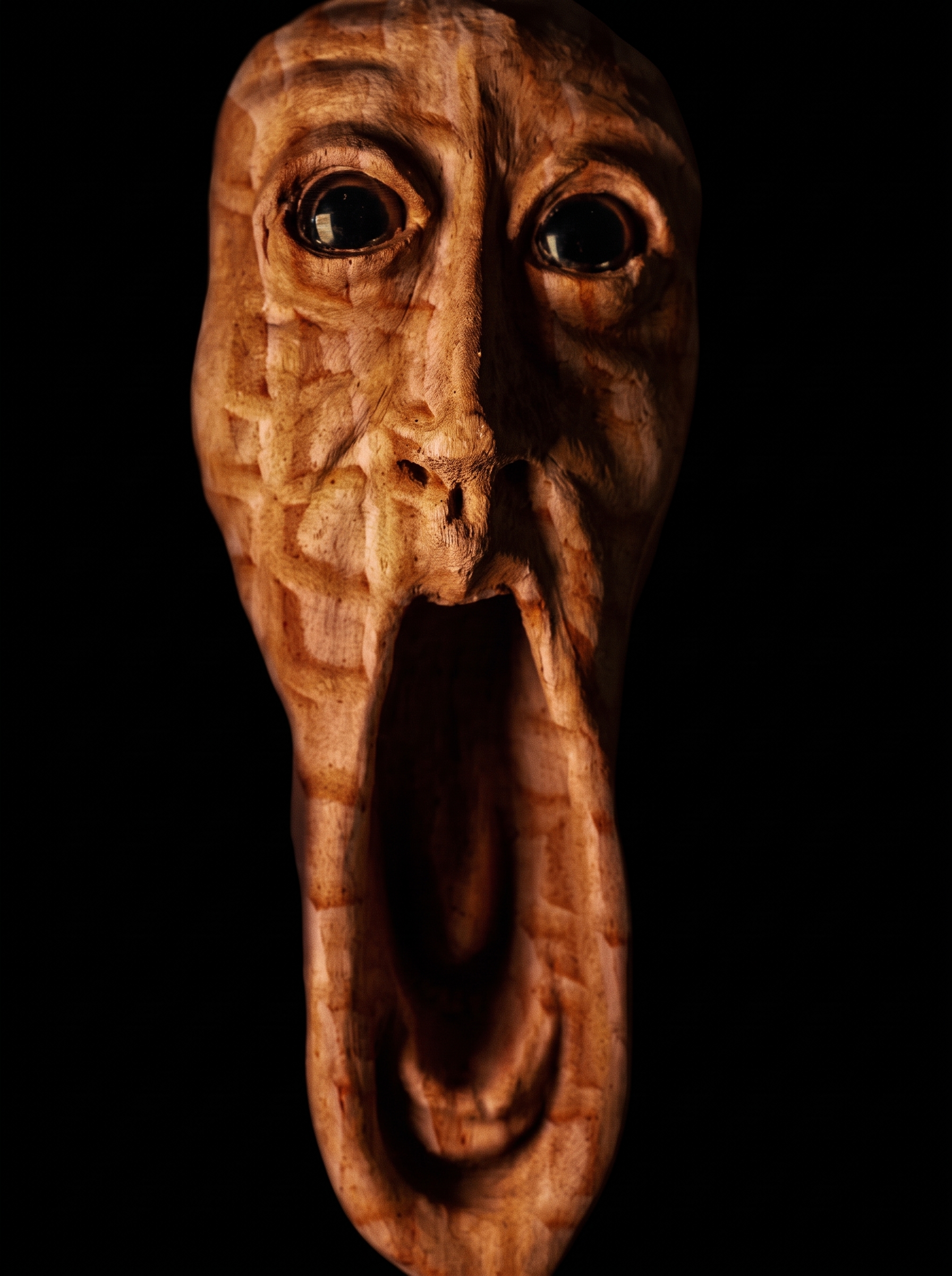 Close-up of a wooden carved face sculpture with black glass eyes and a wide open mouth, photographed against a black background.