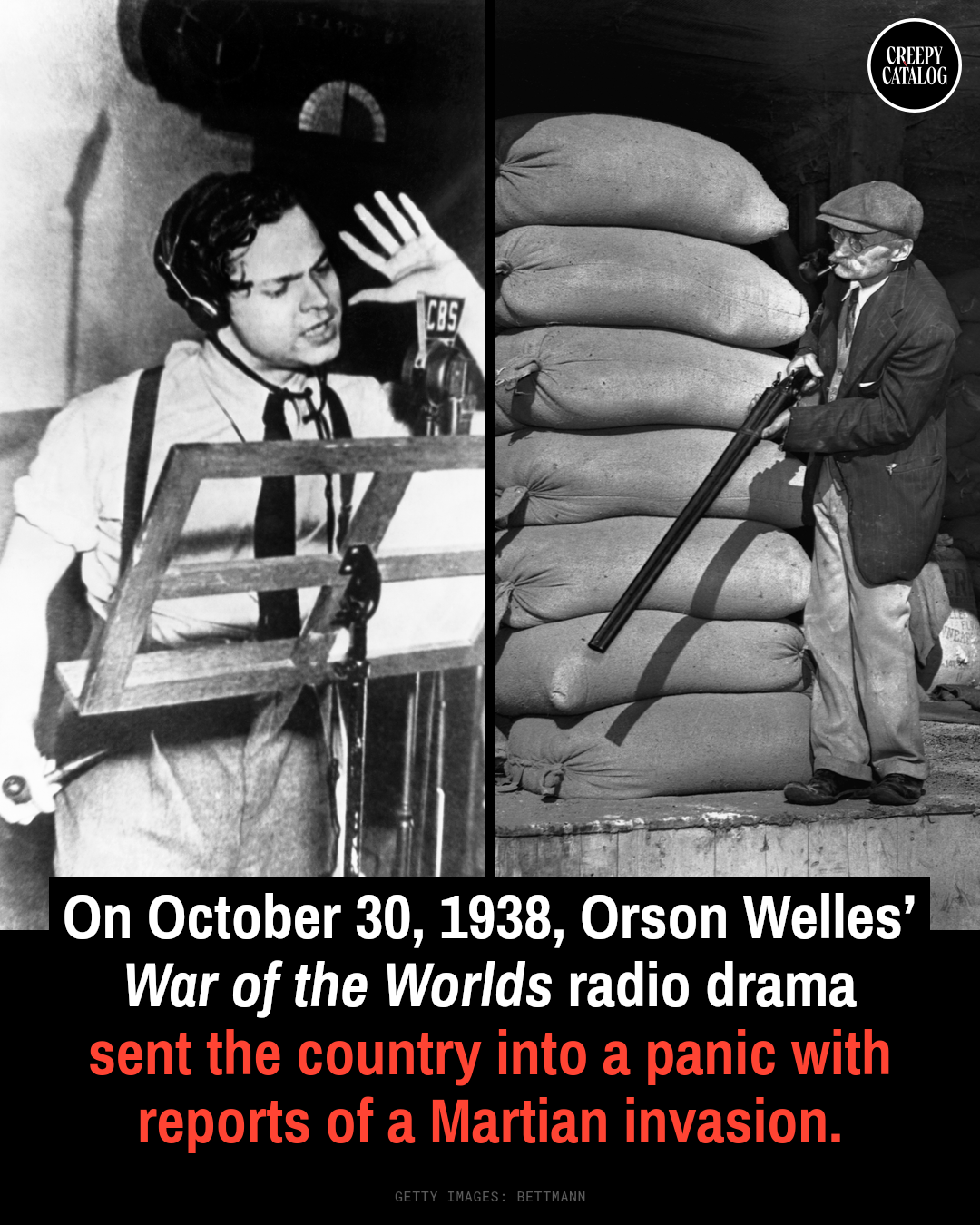 Orson Welles speaking into a CBS microphone during the 1938 War of the Worlds radio broadcast