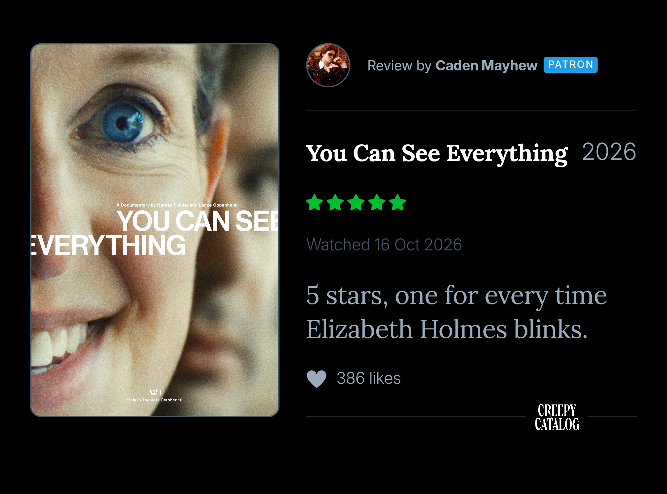 Close-up shot from the documentary You Can See Everything (2026)