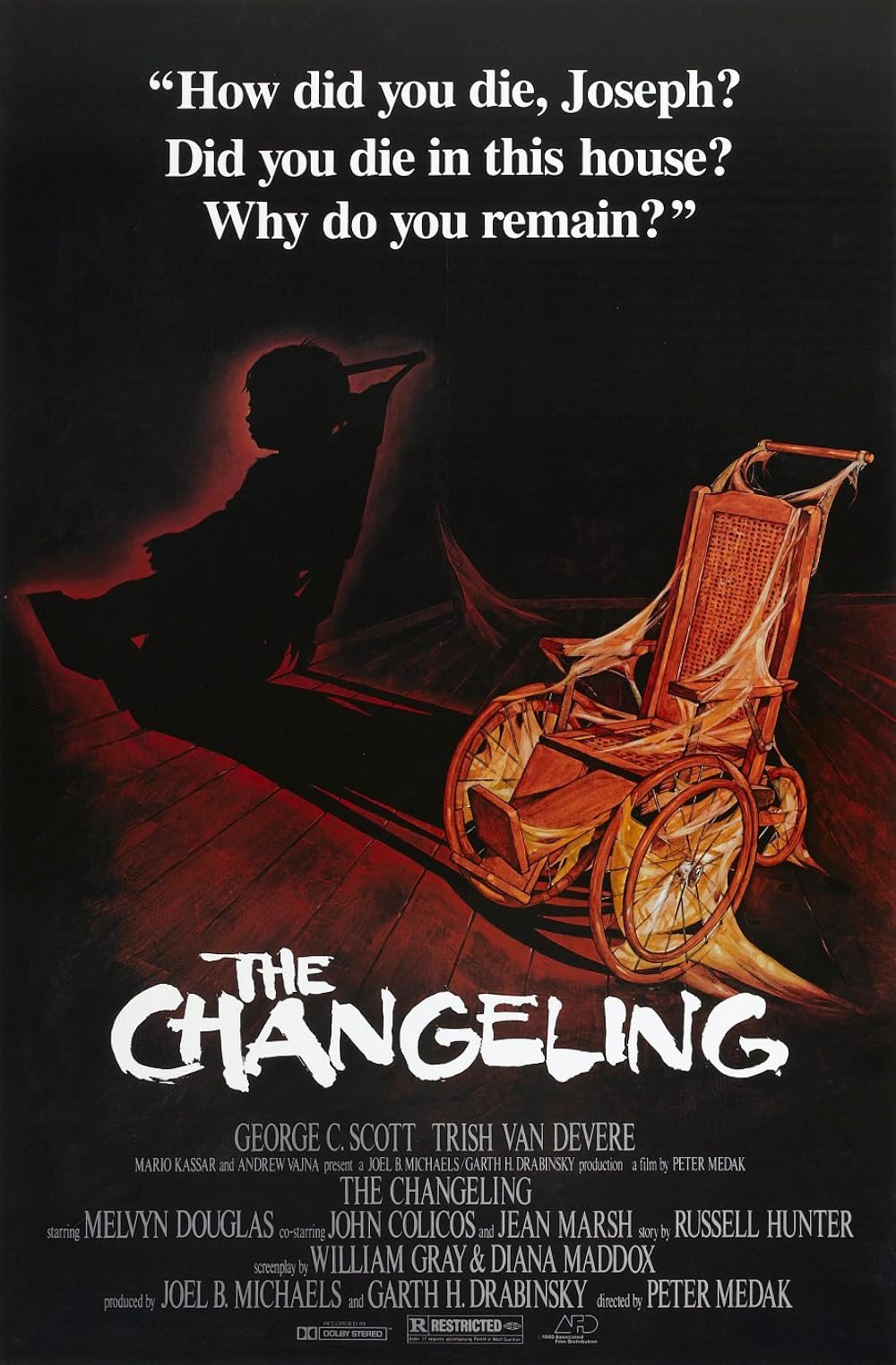 Movie poster for The Changeling featuring a shadowy child silhouette and a decrepit wheelchair on a dark wooden floor.