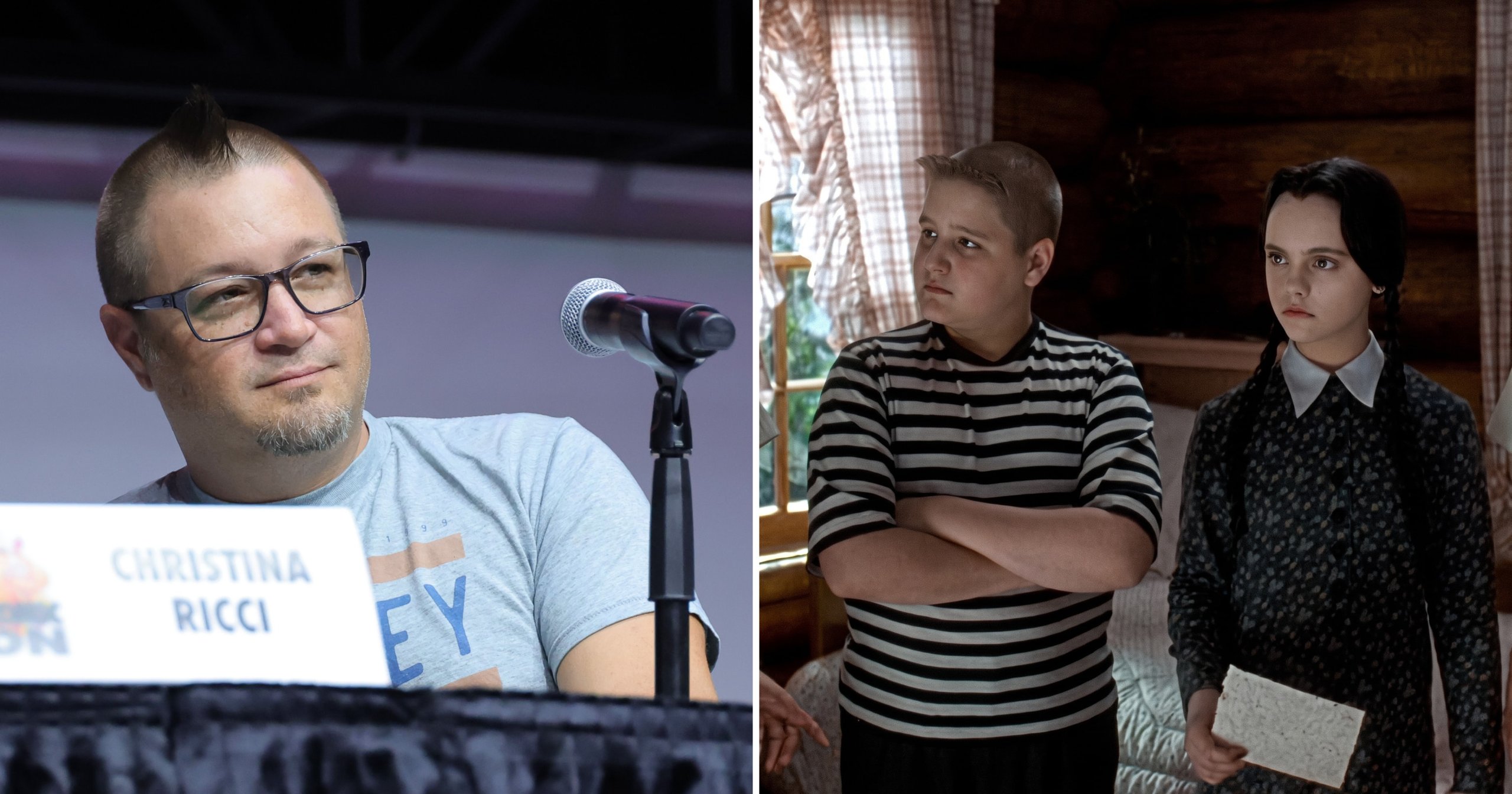 Jimmy Workman speaking onstage at The Addams Family panel during 2024 Los Angeles Comic-Con