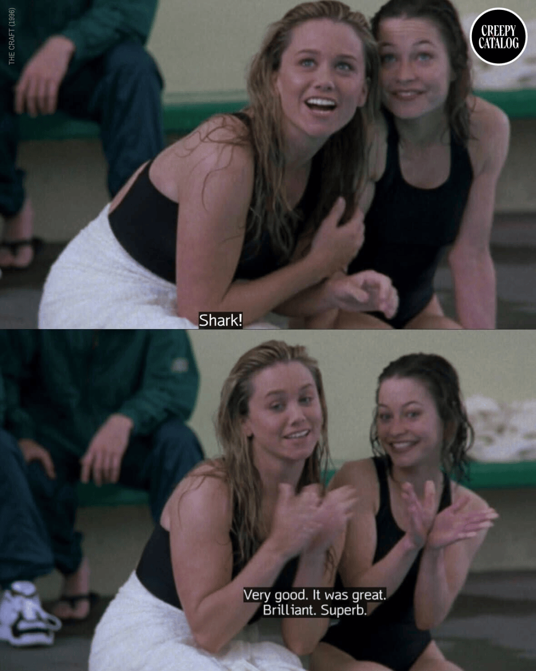 Two young women in black swimsuits sit wet by a pool, laughing together, with subtitles reading 'Shark!' and 'Very good. It was great. Brilliant. Superb.'