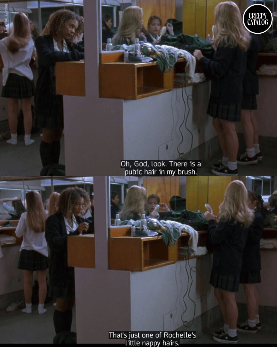 Two-panel still of a school locker room: a Black girl and a blonde girl face each other at a mirror counter, with subtitles reading 'Oh, God, look. There is a pubic hair in my brush.' and 'That's just one of Rochelle's little nappy hairs.'