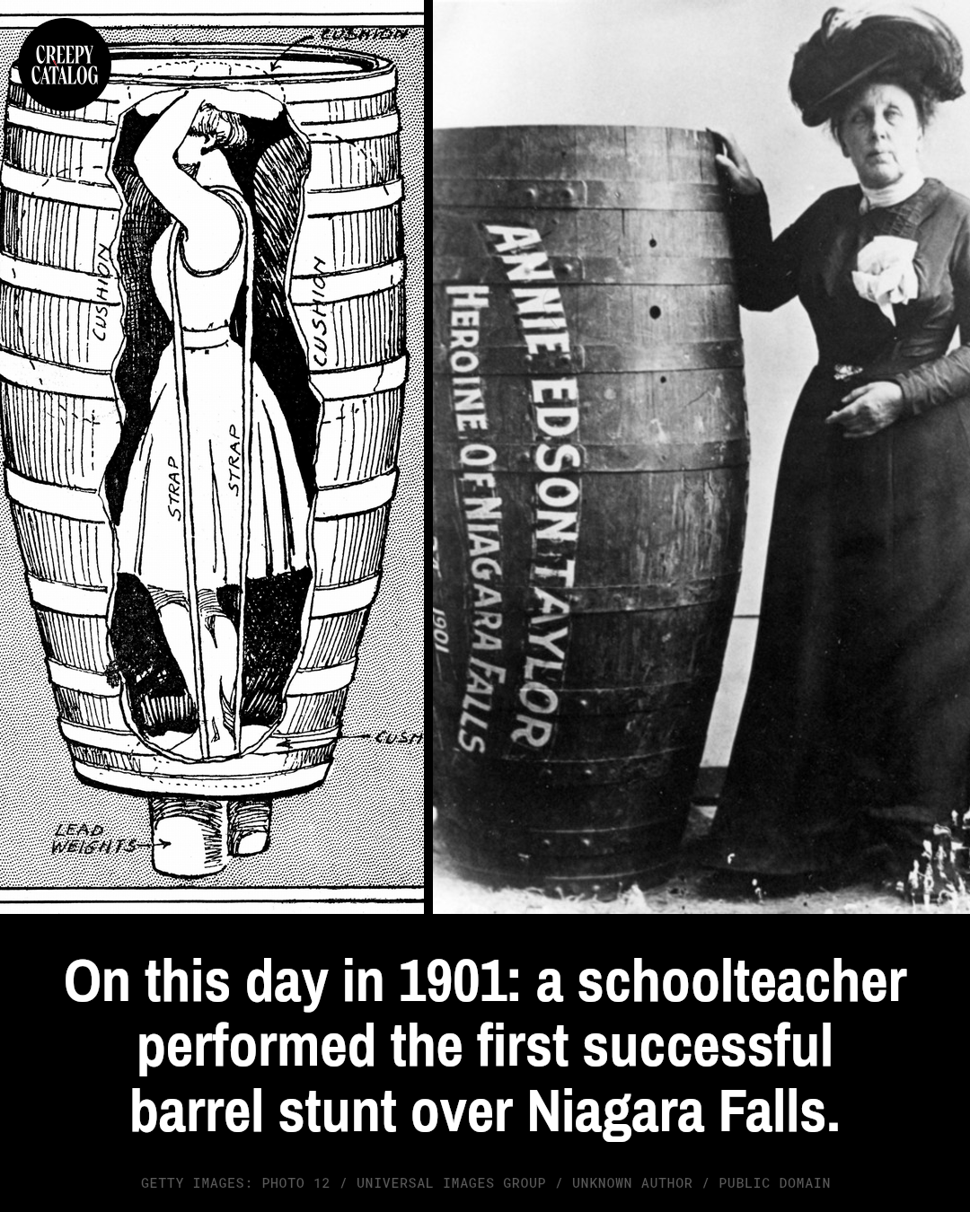 Annie Edson Taylor standing beside the oak barrel she used to go over Niagara Falls in 1901