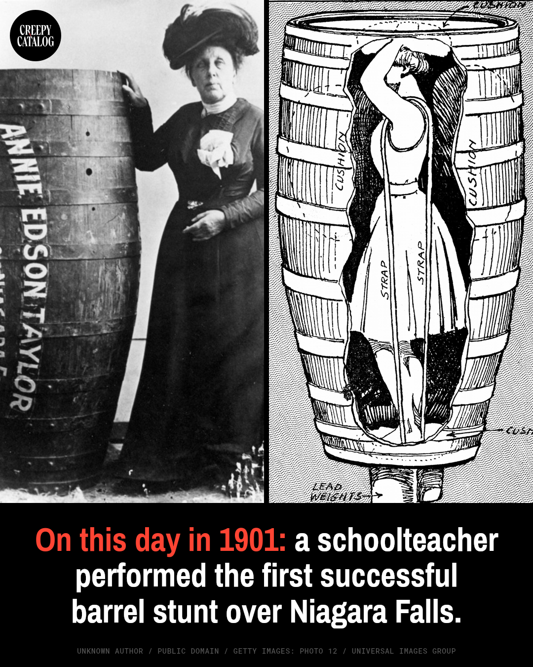 Annie Edson Taylor standing next to the wooden barrel she used to go over Niagara Falls in 1901