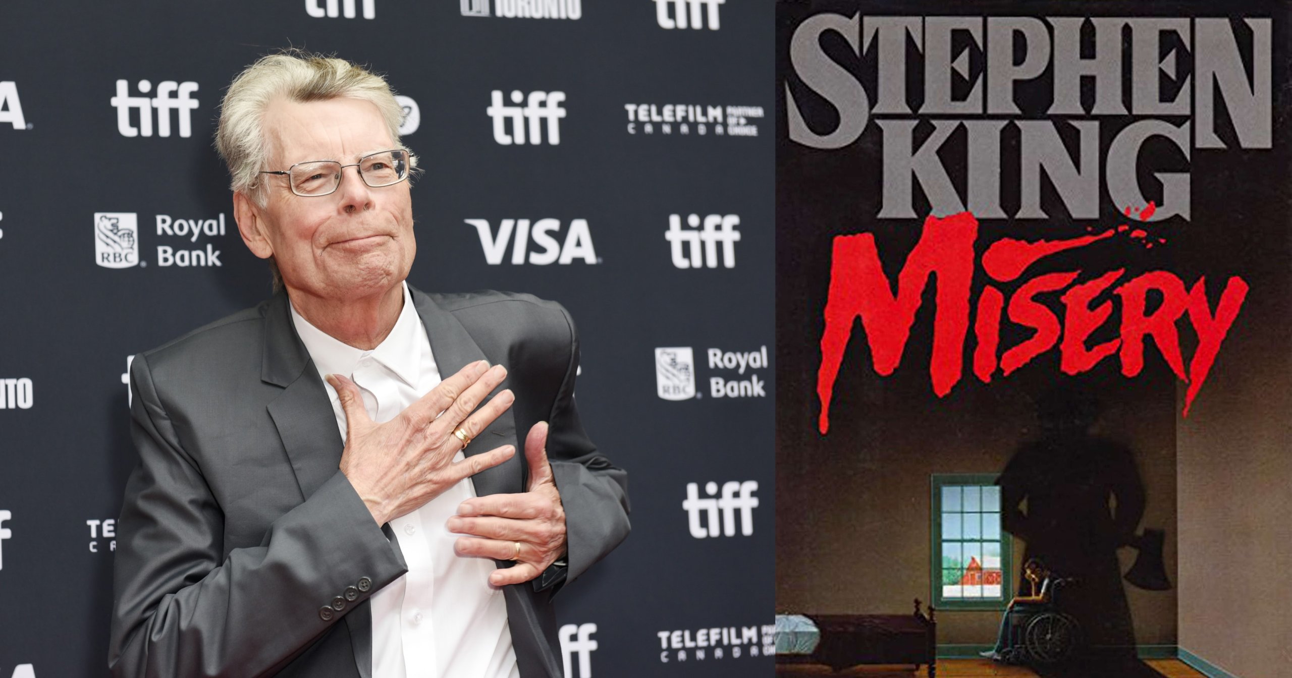 Stephen King in a dark blazer and glasses, hand over chest, posing at the TIFF red carpet backdrop.