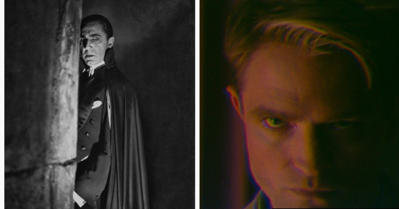 Black-and-white publicity still of Bela Lugosi in a dark cape and formal attire, peering around a stone pillar as Dracula, 1931.