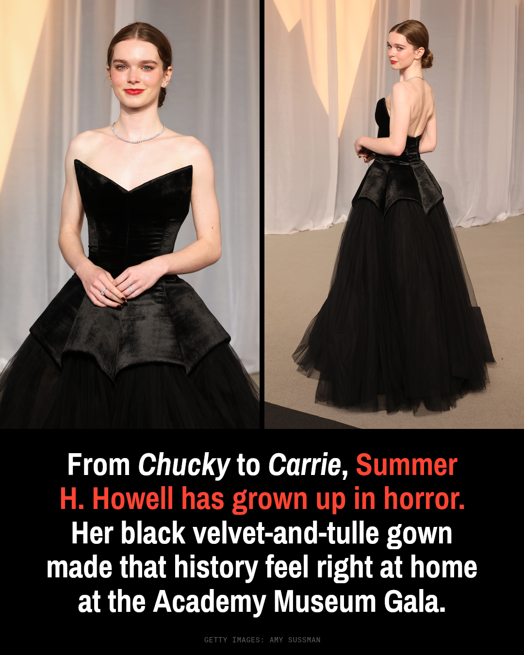 Summer H. Howell in a black strapless velvet and tulle ballgown on the red carpet at the Academy Museum Gala in Los Angeles