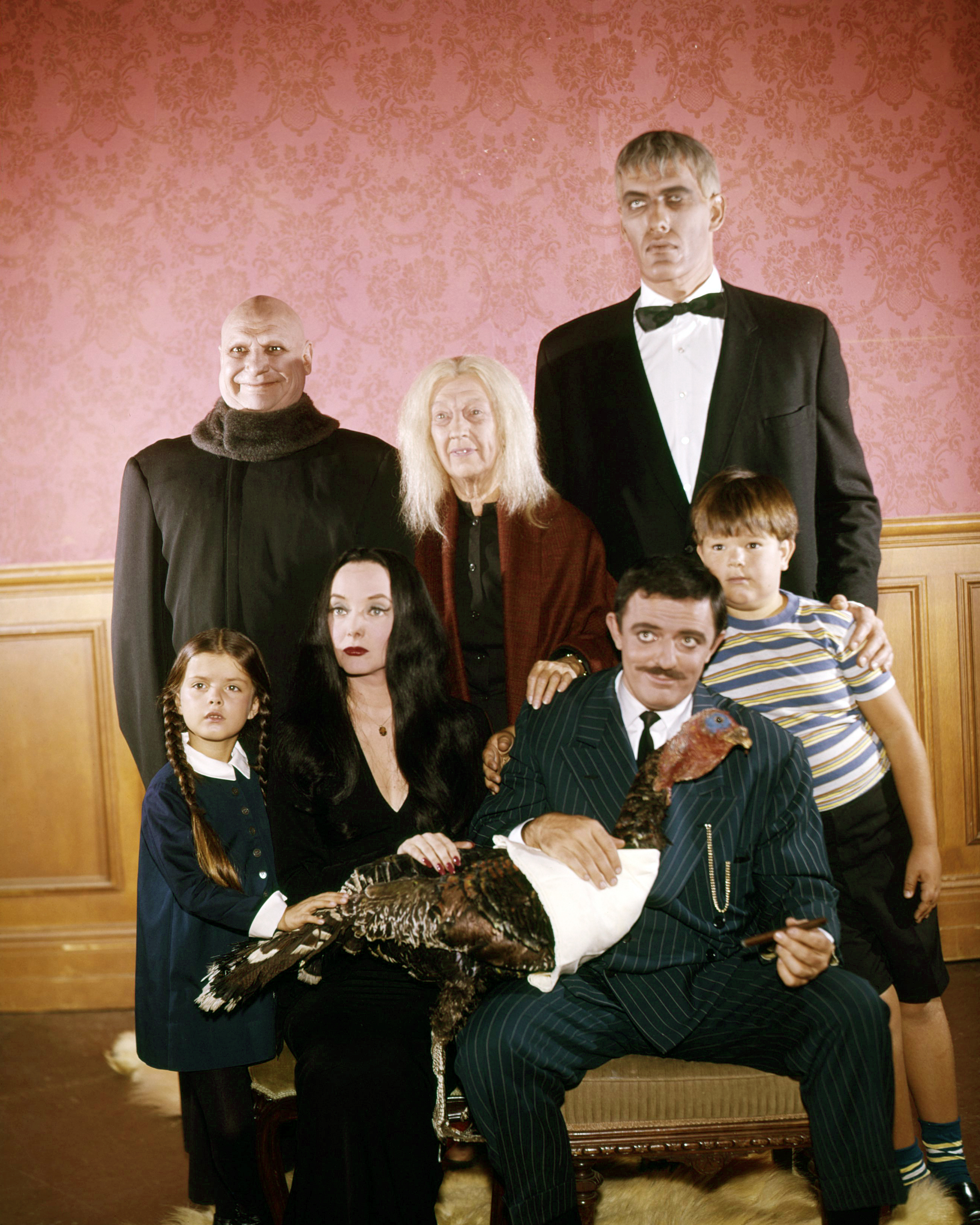 Cast of The Addams Family circa 1965: back row includes a bald man, an elderly white-haired woman, and a tall man in a tuxedo; front row shows two adults and two children holding a live bird.