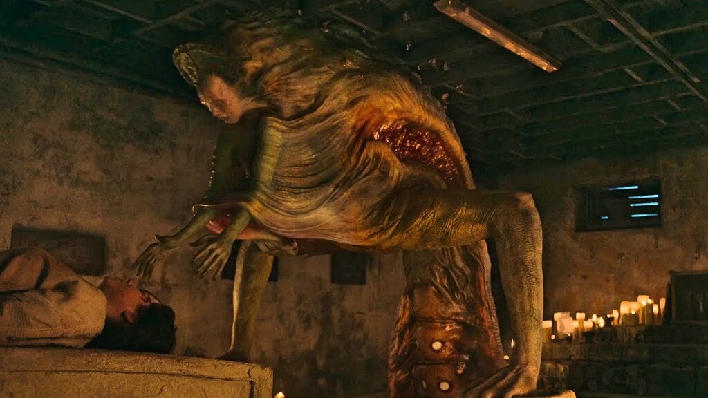 The monster from No One Gets Out Alive, a humanoid figure walking on oversized hands with a veil of skin spread behind it like wings