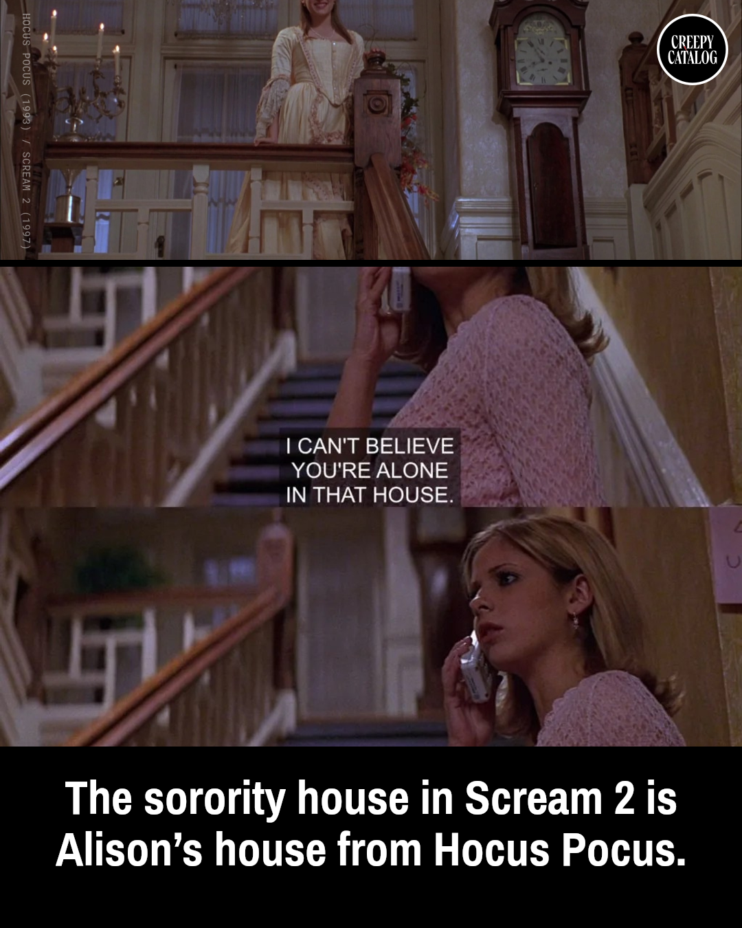 Side-by-side film stills from Hocus Pocus (1993) and Scream 2 (1997) showing the same house location