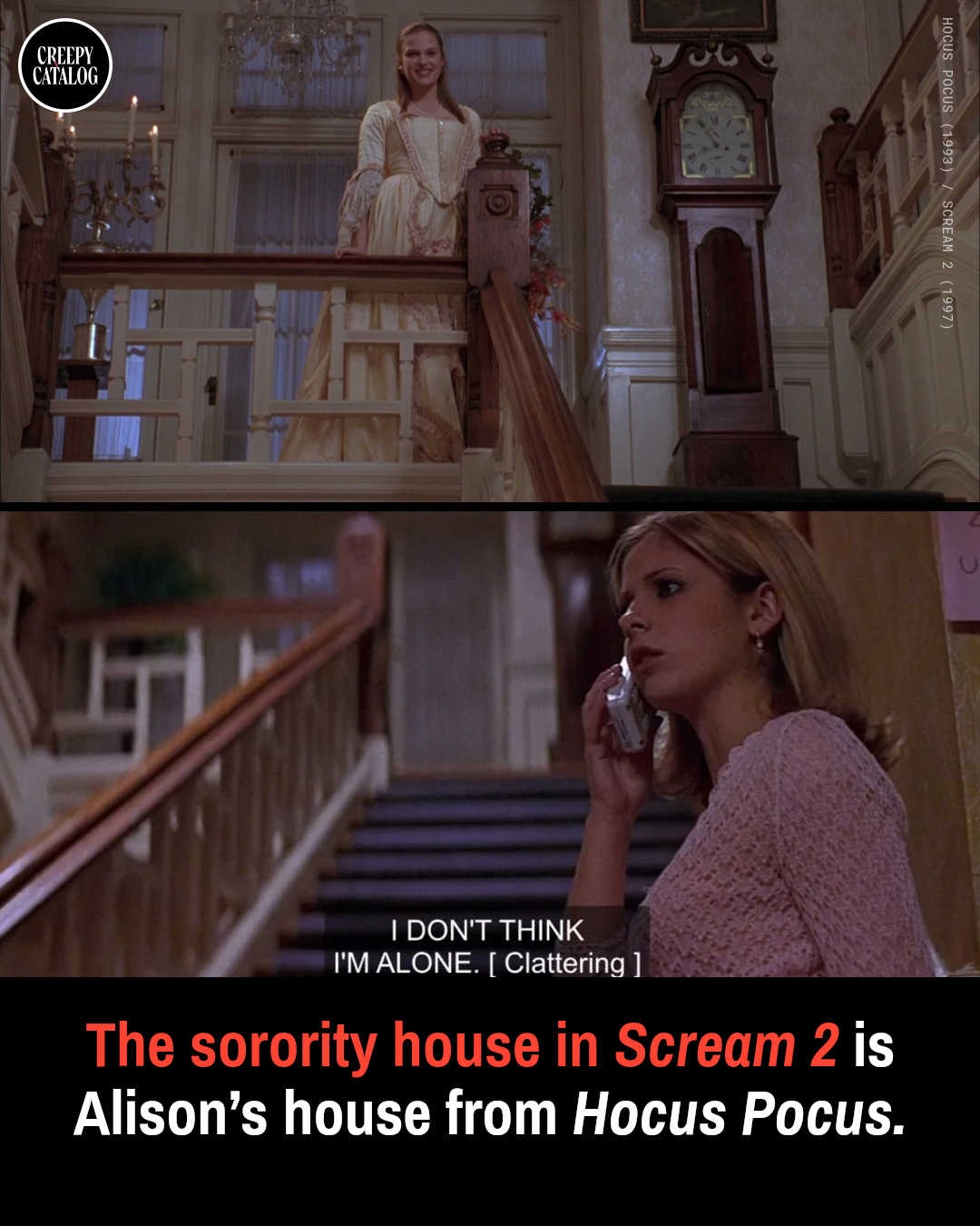 Side-by-side film stills from Hocus Pocus (1993) and Scream 2 (1997) showing the same house interior