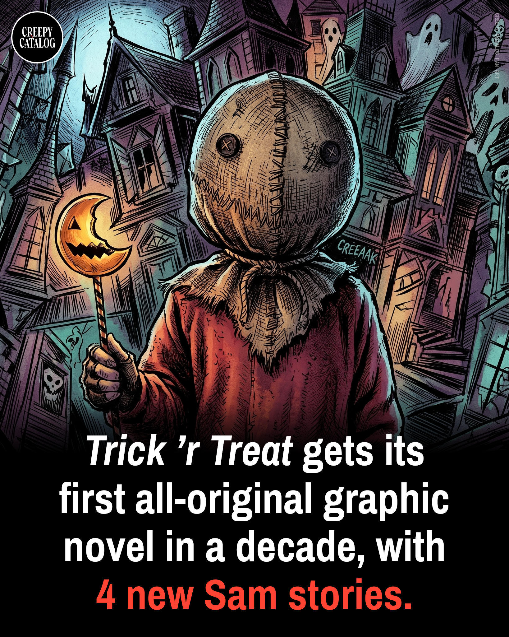 Trick 'r Treat fan art featuring Sam, the Halloween spirit mascot